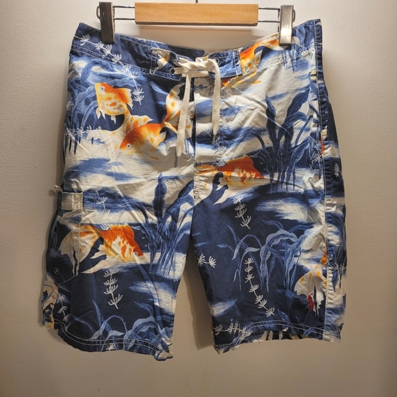 Vintage 90s Polo Ralph Lauren Blue Orange Goldfish Swimtrunks - Size 30 - Picture 1 of 8